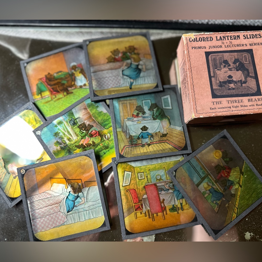 Antique glass Primus coloured lantern slides The Three Bears complete set in box